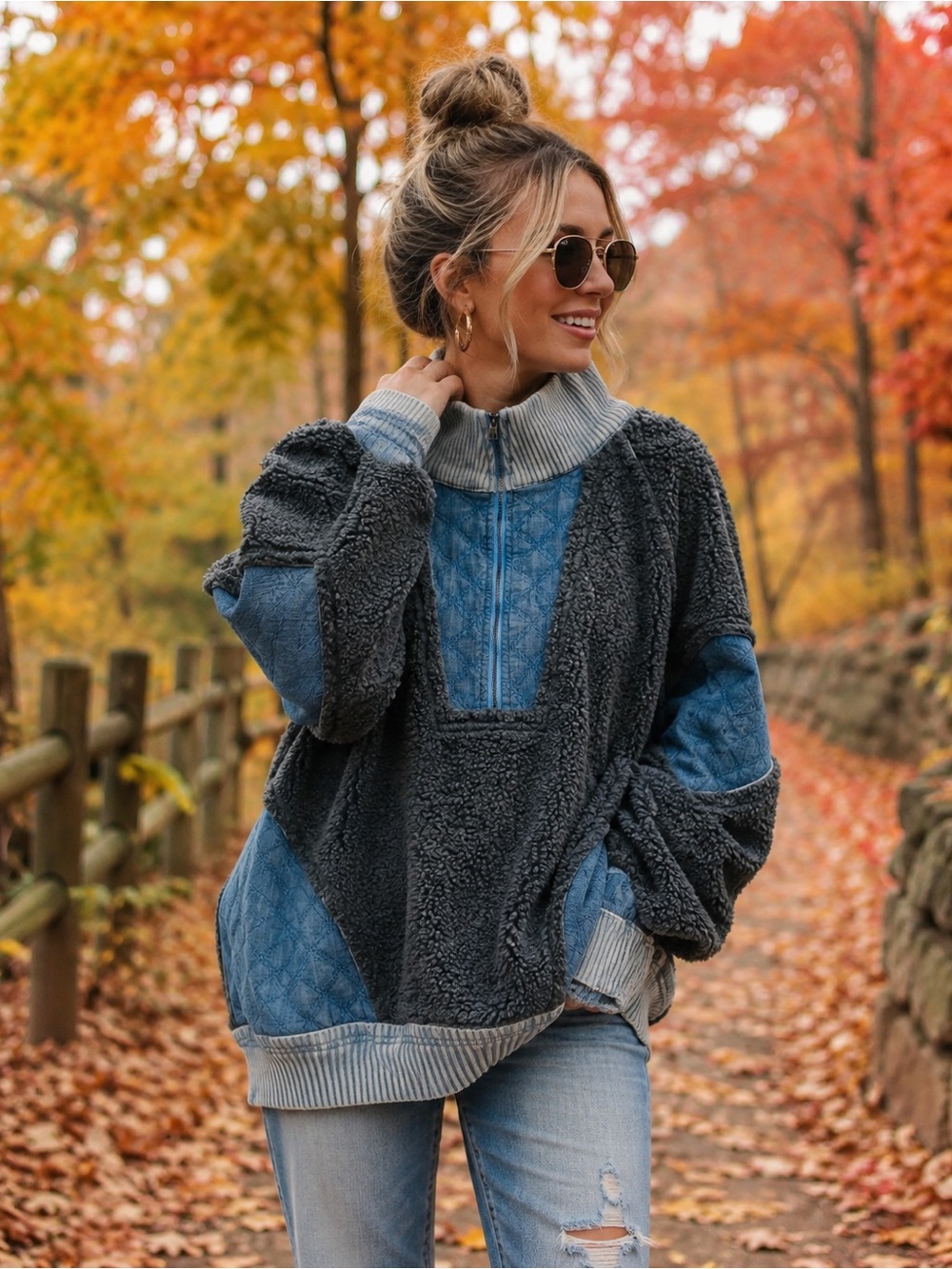 Oli & Hali Boho Denim Sherpa Patchwork Pullover Jacket Women’s L NWOT